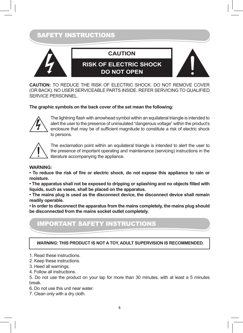 Safety instructions, Important safety instructions | Lexibook MFC110GB User Manual | Page 4 / 27