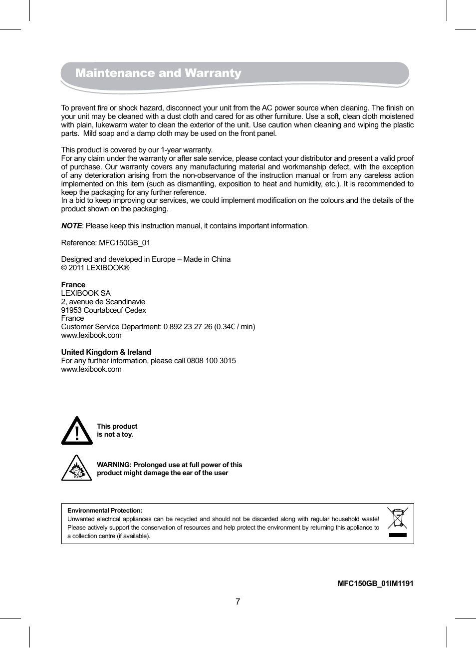 Maintenance and warranty | Lexibook MFC150GB User Manual | Page 7 / 10