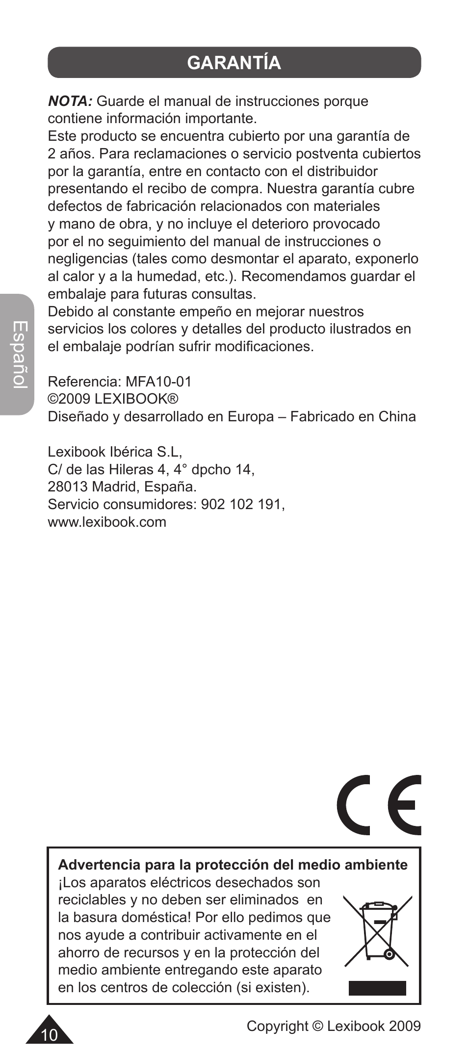 Español, Garantía | Lexibook MFA10-01/MFA10WW1 User Manual | Page 10 / 22