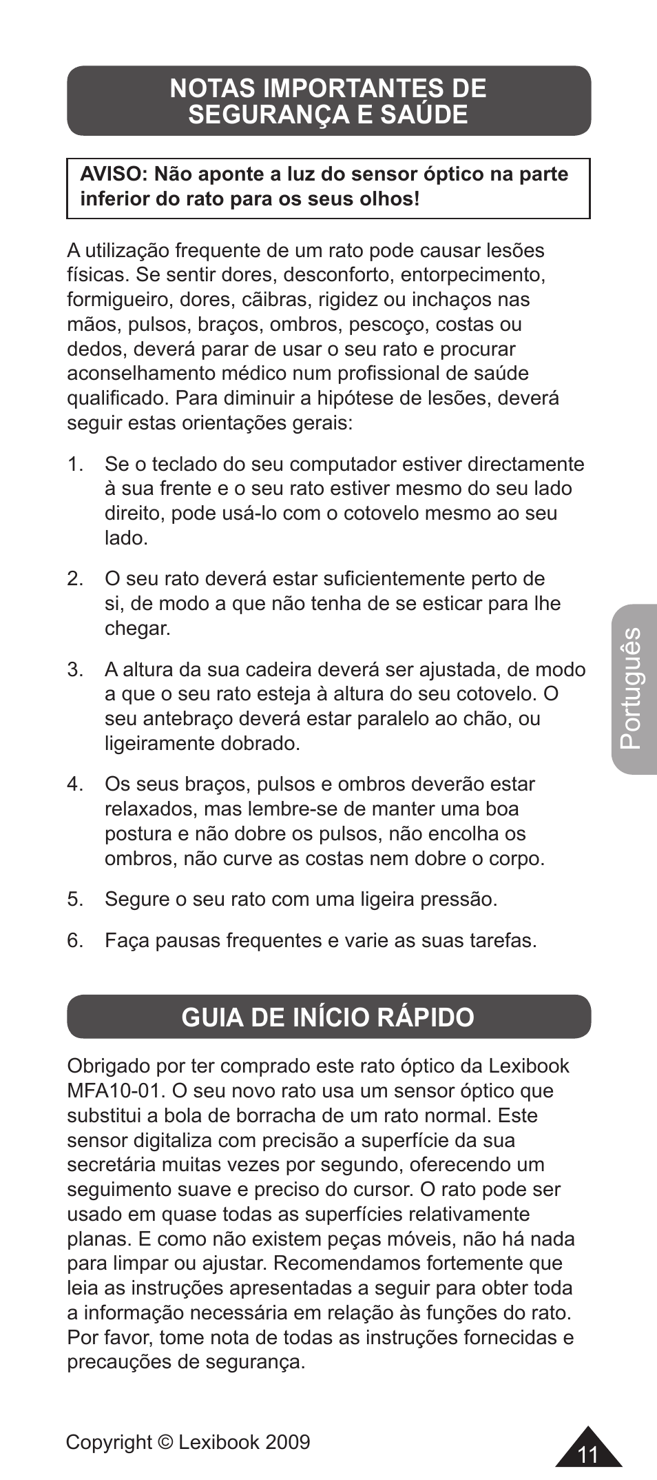 Português, Notas importantes de segurança e saúde, Guia de início rápido | Lexibook MFA10-01/MFA10WW1 User Manual | Page 11 / 22