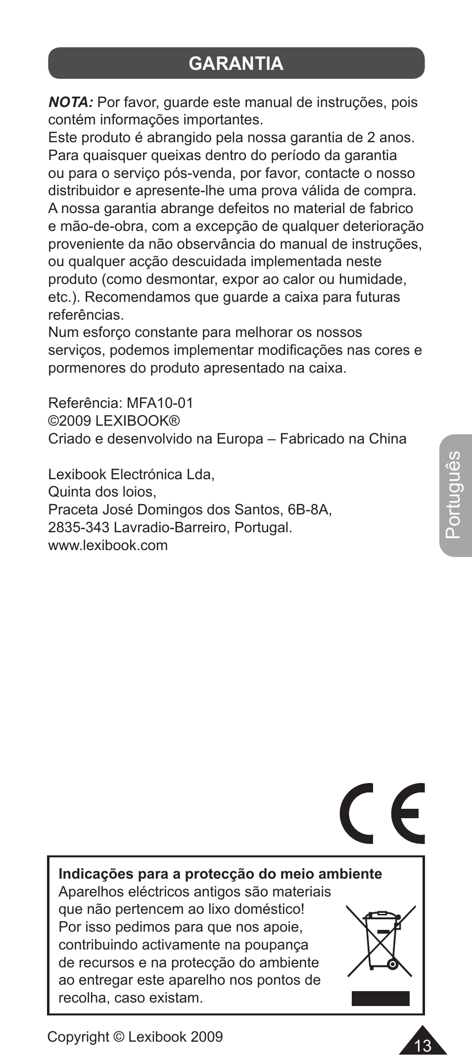 Português, Garantia | Lexibook MFA10-01/MFA10WW1 User Manual | Page 13 / 22