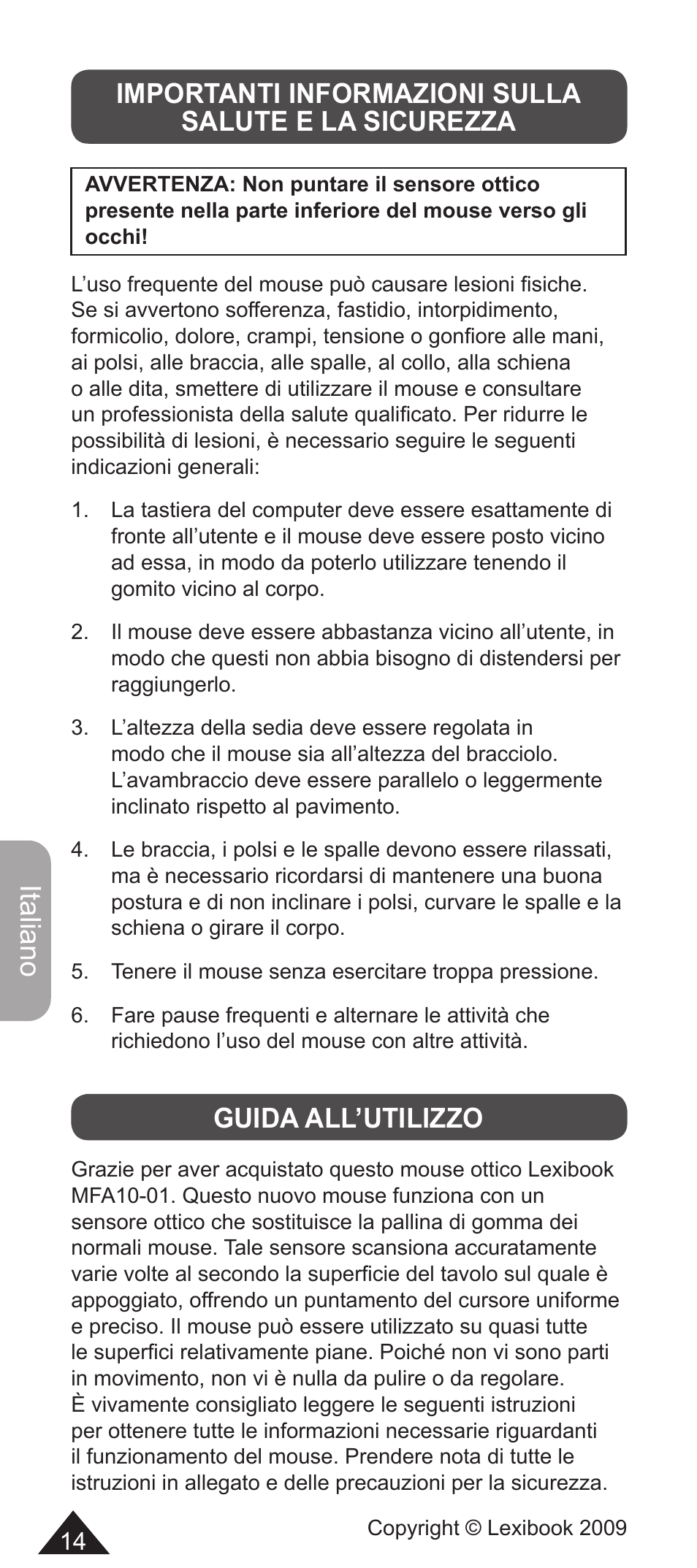 Italiano, Guida all’utilizzo | Lexibook MFA10-01/MFA10WW1 User Manual | Page 14 / 22