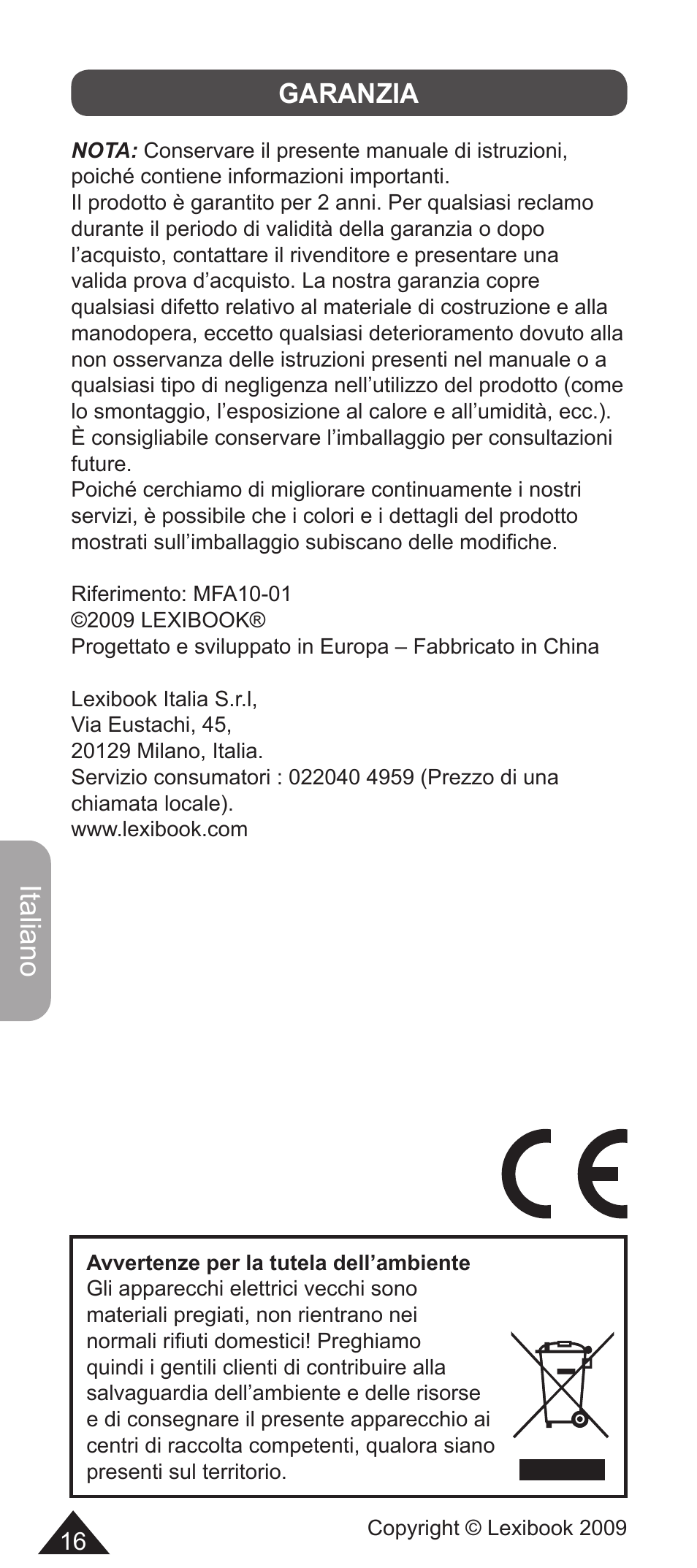 Italiano, Garanzia | Lexibook MFA10-01/MFA10WW1 User Manual | Page 16 / 22