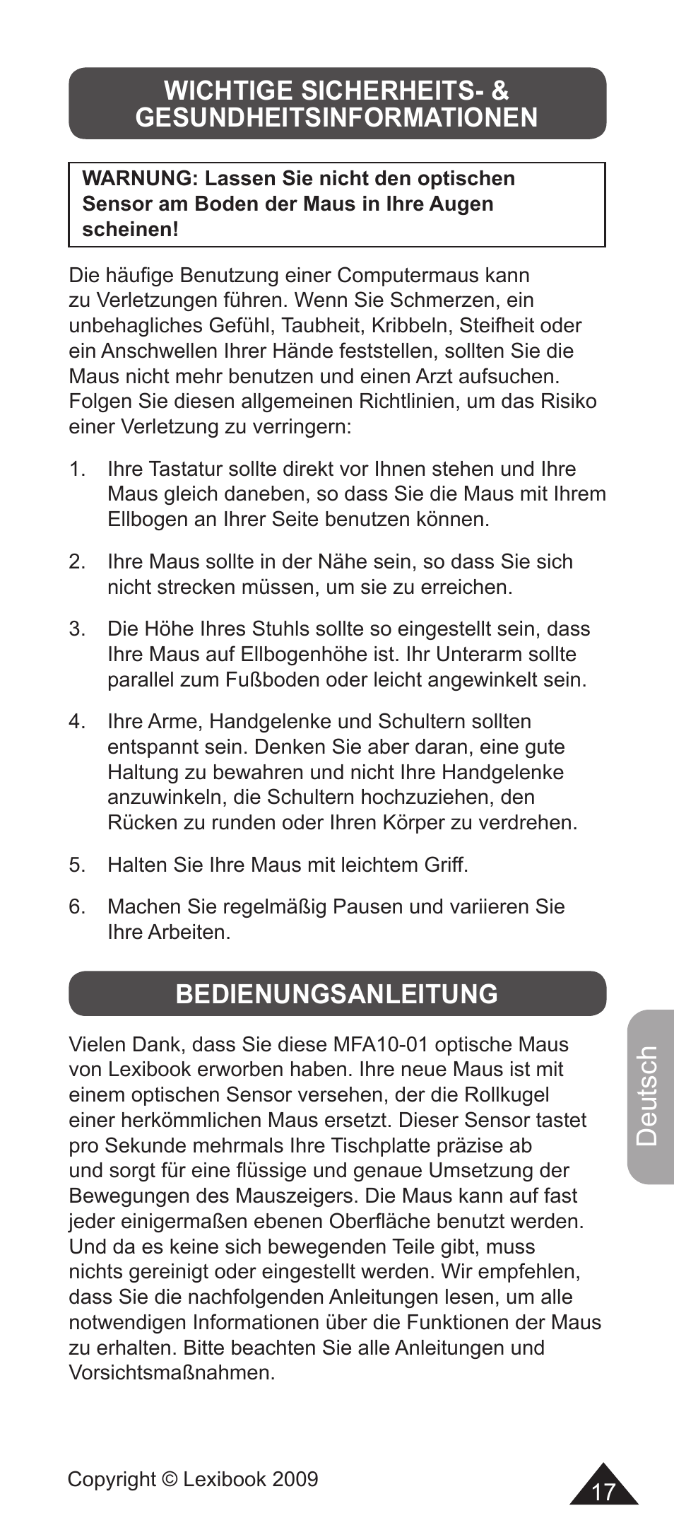 Deutsch, Wichtige sicherheits- & gesundheitsinformationen, Bedienungsanleitung | Lexibook MFA10-01/MFA10WW1 User Manual | Page 17 / 22