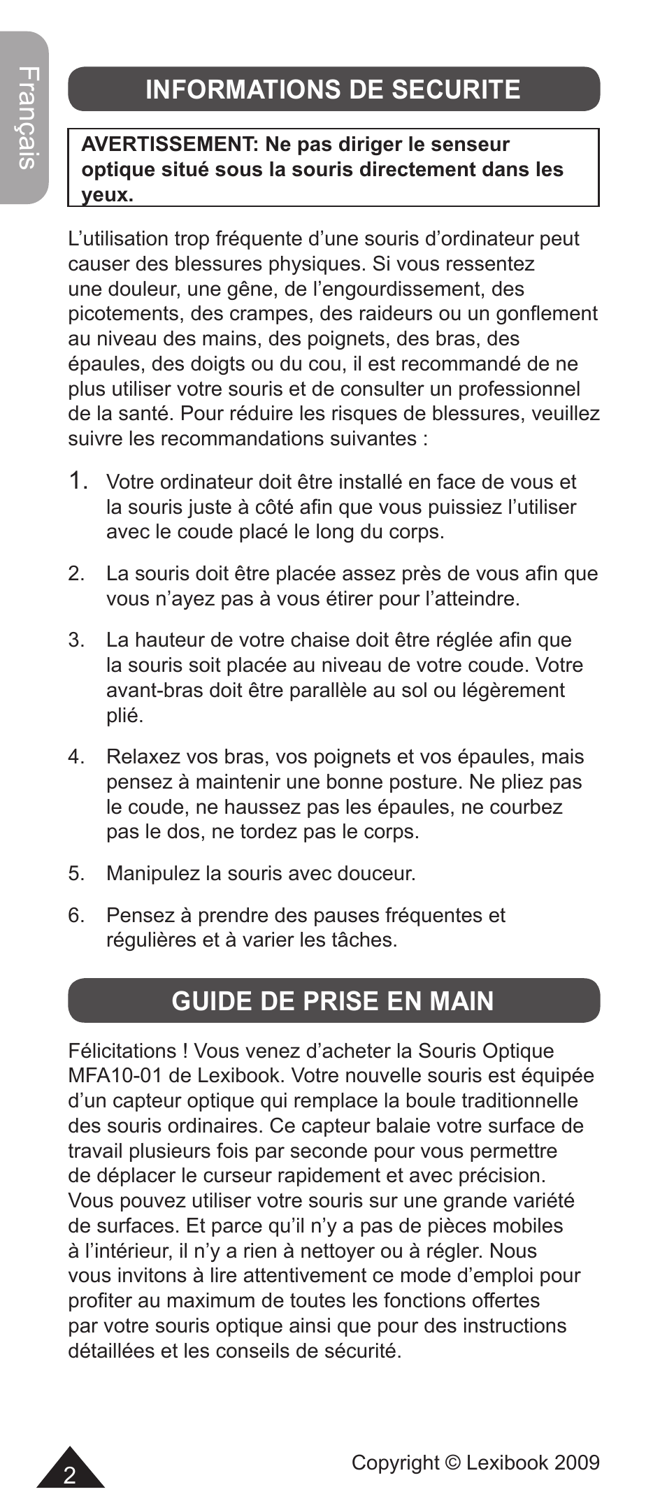 Français, Informations de securite, Guide de prise en main | Lexibook MFA10-01/MFA10WW1 User Manual | Page 2 / 22