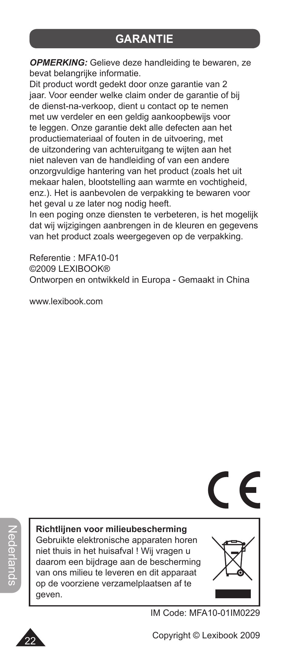 Nederlands, Garantie | Lexibook MFA10-01/MFA10WW1 User Manual | Page 22 / 22