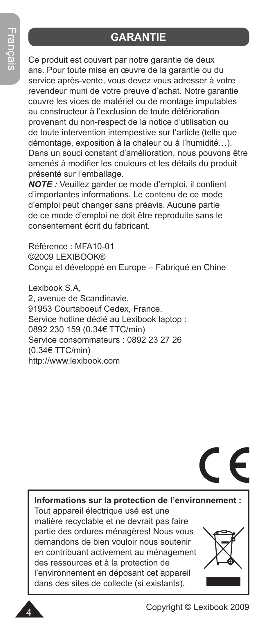 Français, Garantie | Lexibook MFA10-01/MFA10WW1 User Manual | Page 4 / 22
