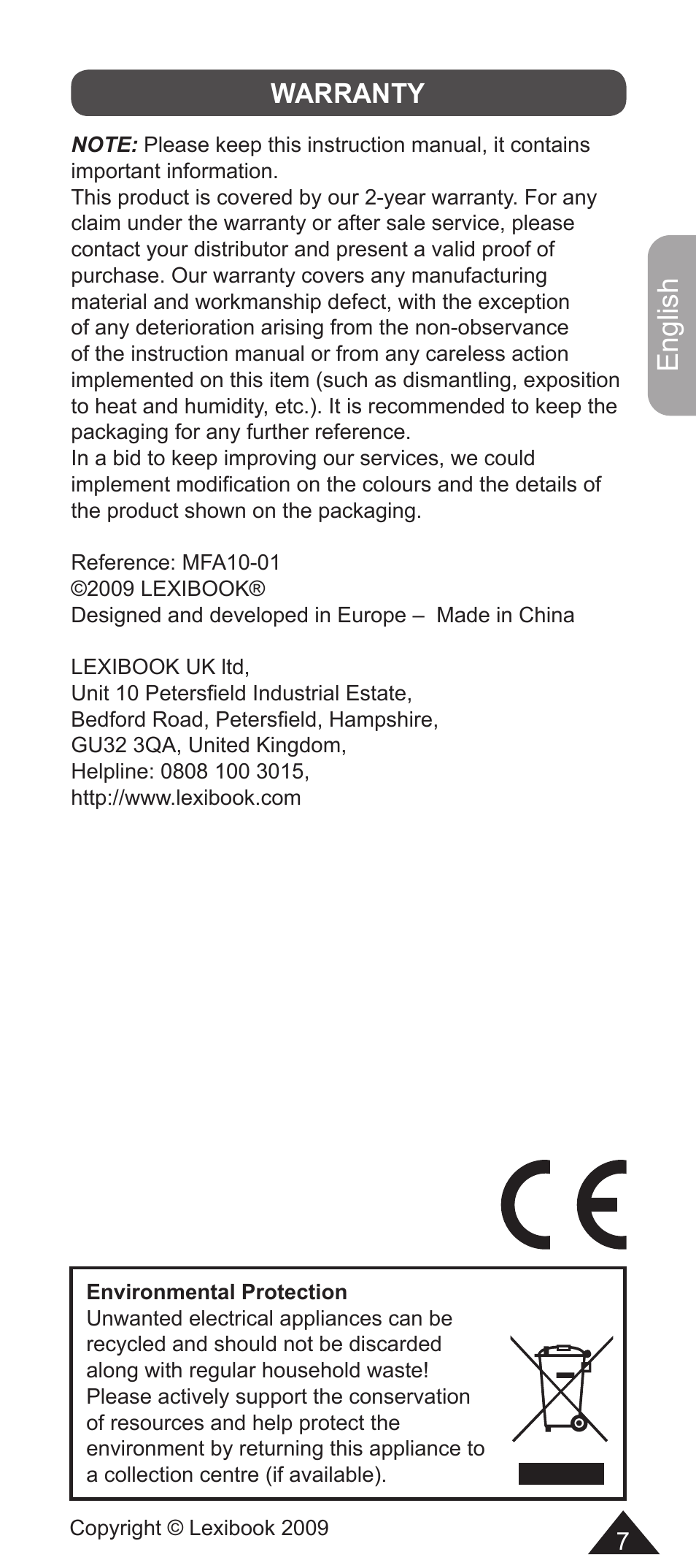 English, Warranty | Lexibook MFA10-01/MFA10WW1 User Manual | Page 7 / 22