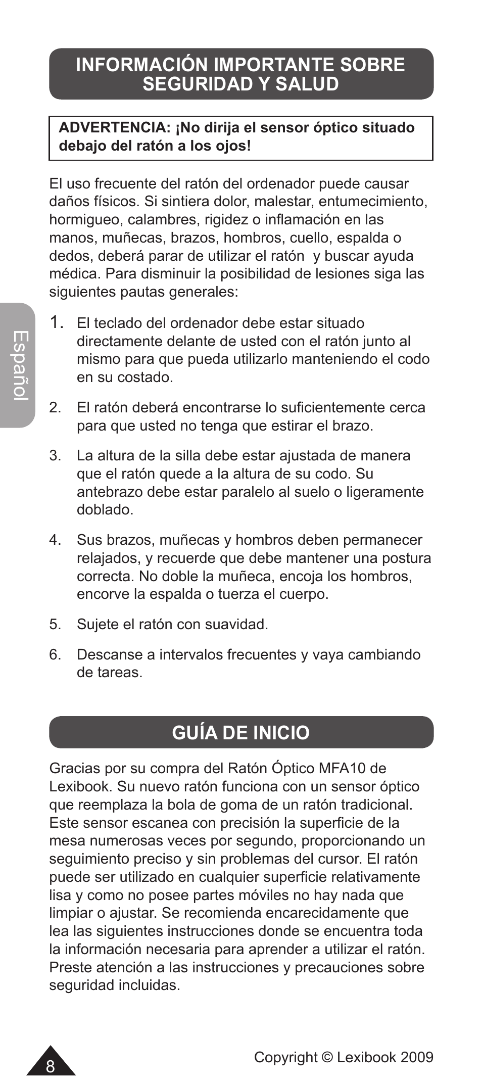 Español, Información importante sobre seguridad y salud, Guía de inicio | Lexibook MFA10-01/MFA10WW1 User Manual | Page 8 / 22