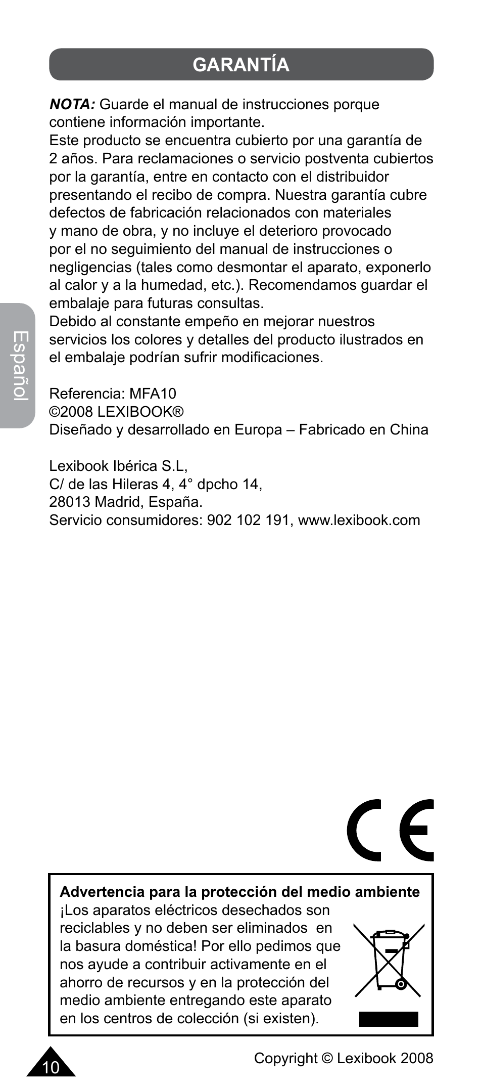 Español, Garantía | Lexibook MFA10 User Manual | Page 10 / 22