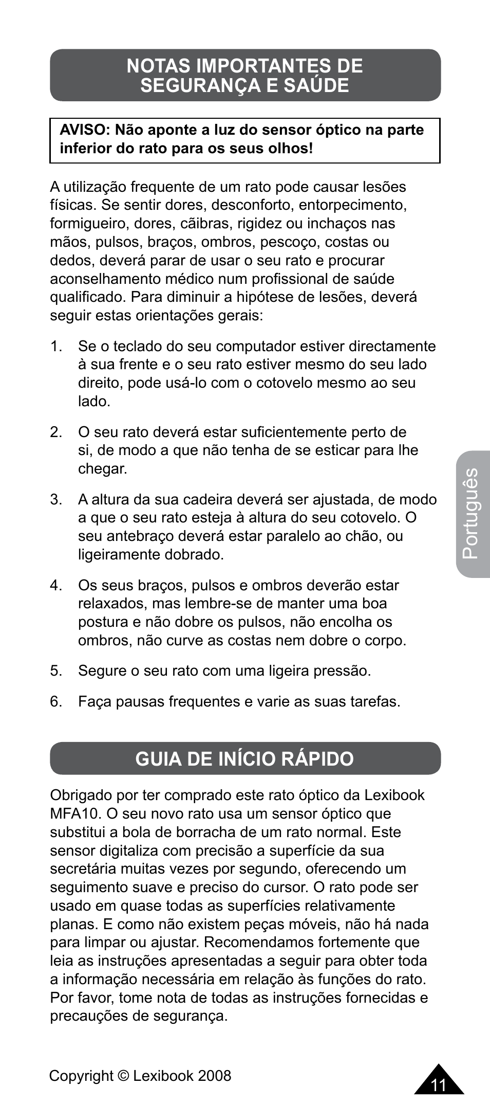 Português, Notas importantes de segurança e saúde, Guia de início rápido | Lexibook MFA10 User Manual | Page 11 / 22
