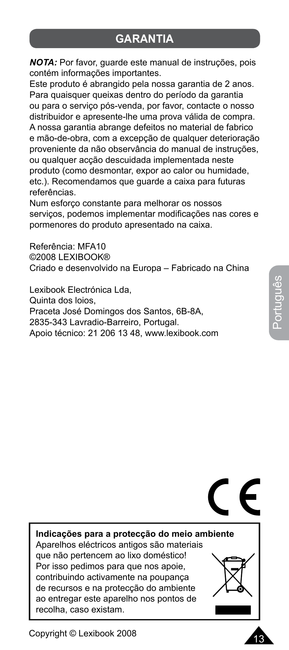 Português, Garantia | Lexibook MFA10 User Manual | Page 13 / 22
