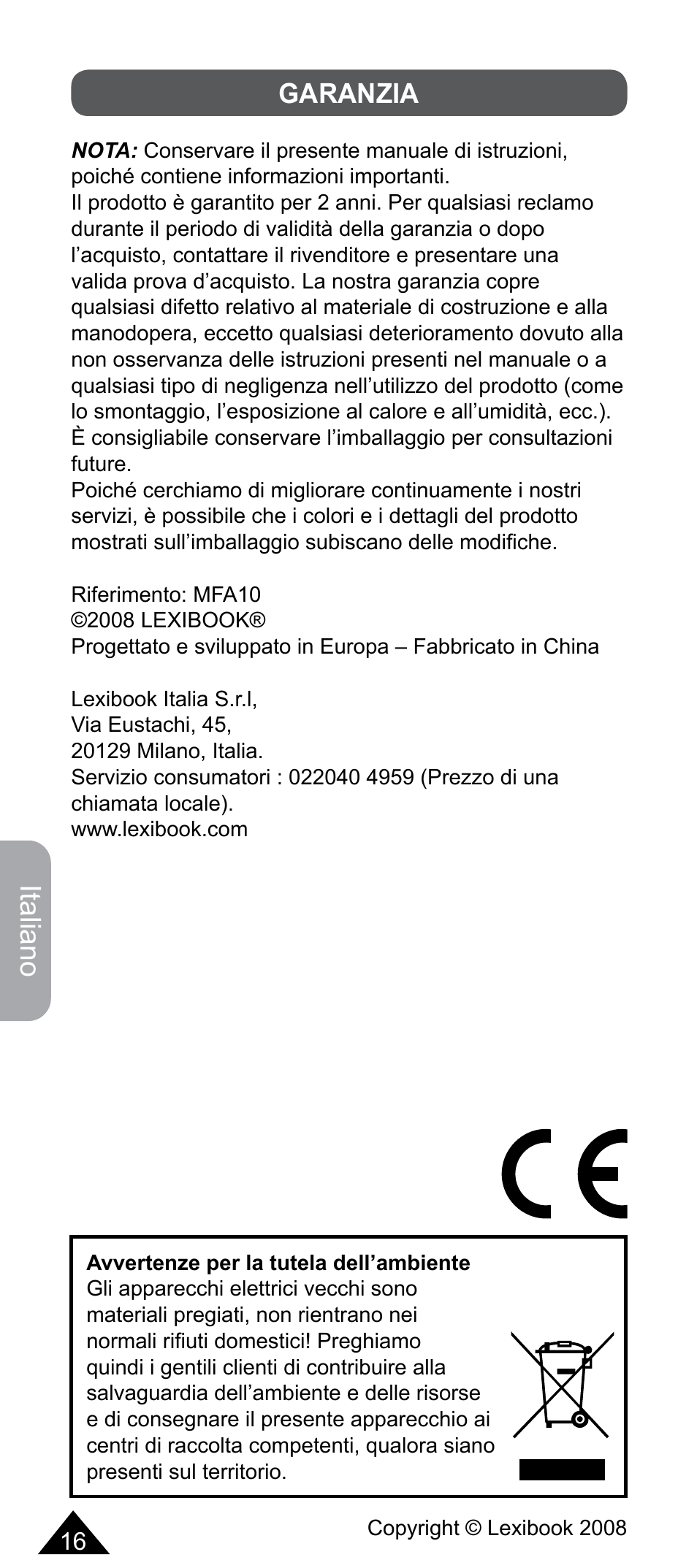 Italiano, Garanzia | Lexibook MFA10 User Manual | Page 16 / 22