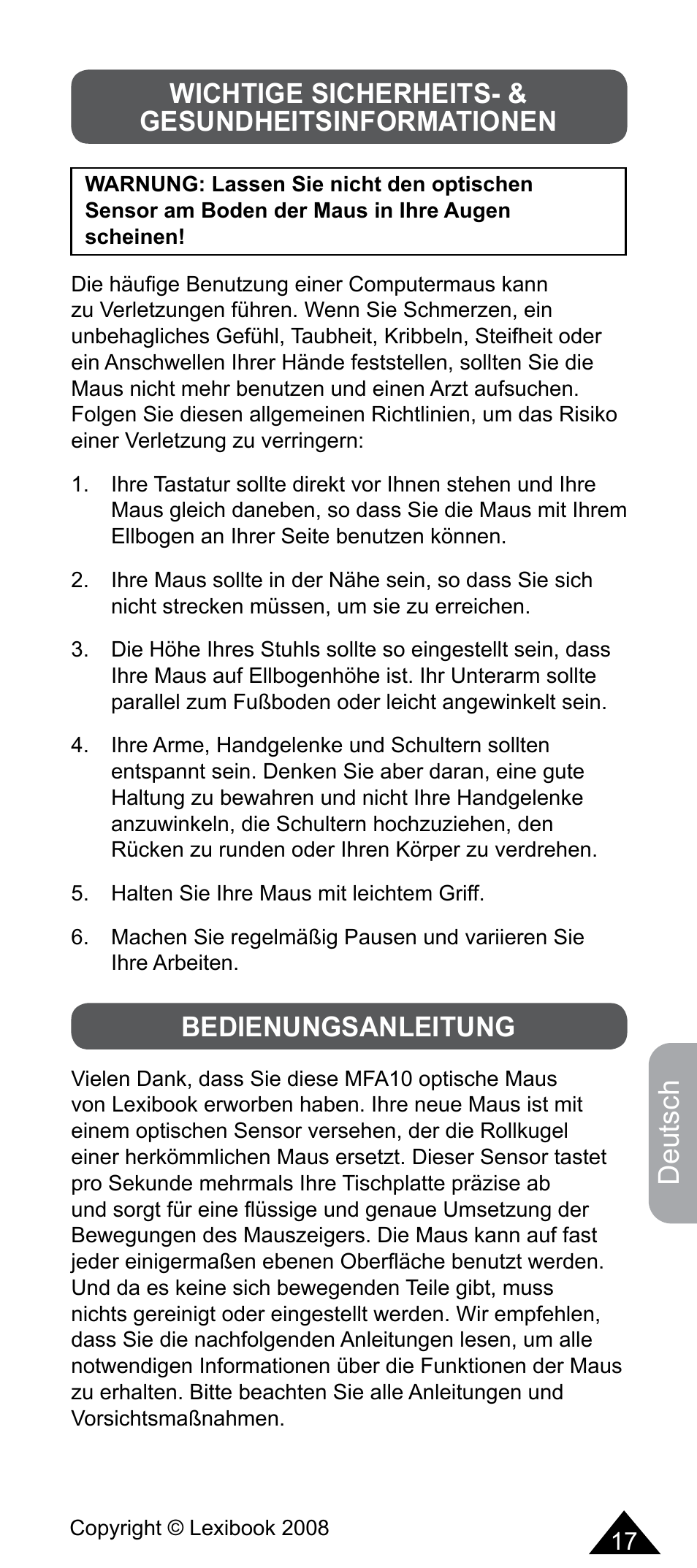 Deutsch, Wichtige sicherheits- & gesundheitsinformationen, Bedienungsanleitung | Lexibook MFA10 User Manual | Page 17 / 22