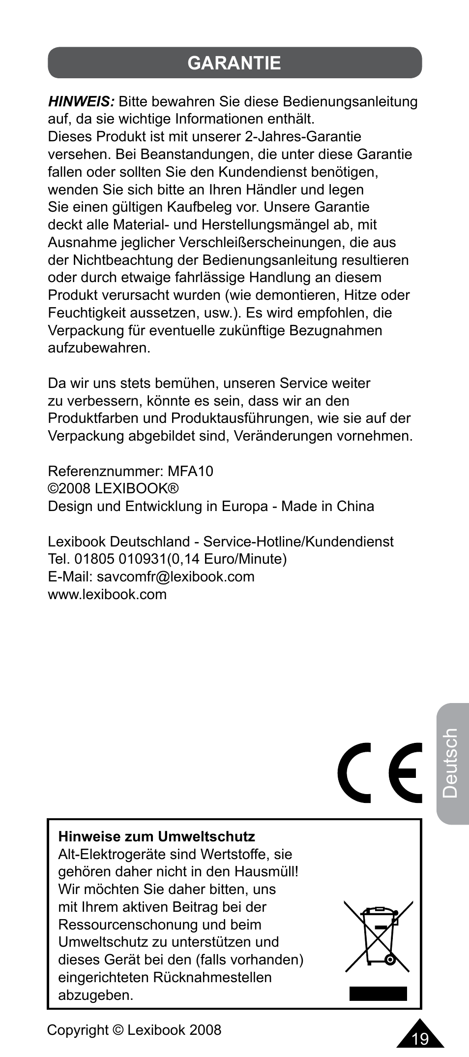 Deutsch, Garantie | Lexibook MFA10 User Manual | Page 19 / 22