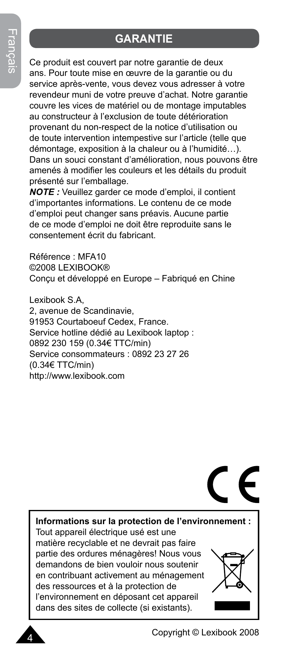 Français, Garantie | Lexibook MFA10 User Manual | Page 4 / 22