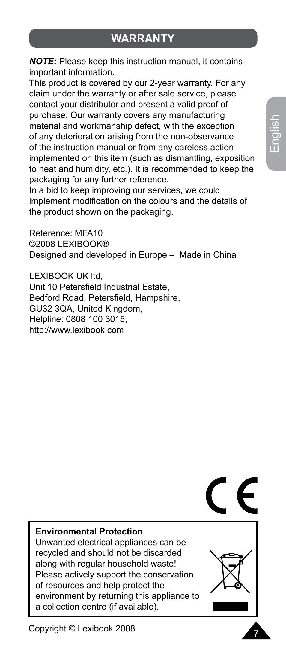 English, Warranty | Lexibook MFA10 User Manual | Page 7 / 22
