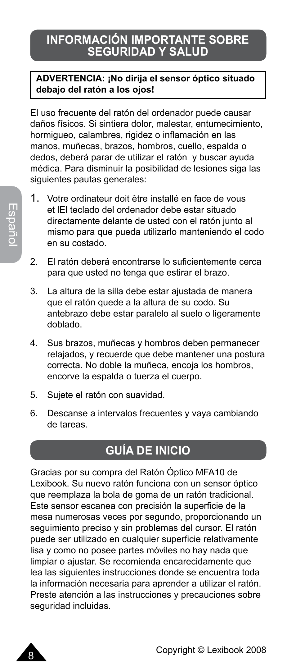 Español, Información importante sobre seguridad y salud, Guía de inicio | Lexibook MFA10 User Manual | Page 8 / 22