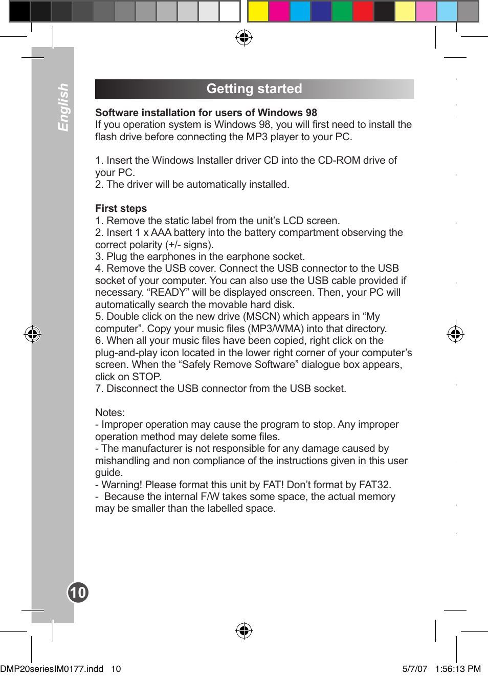 English, English getting started | Lexibook DMP20SP/DMP23SP User Manual | Page 10 / 44