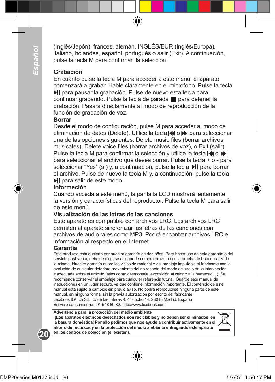 Português español, Descrição do produto | Lexibook DMP20SP/DMP23SP User Manual | Page 20 / 44