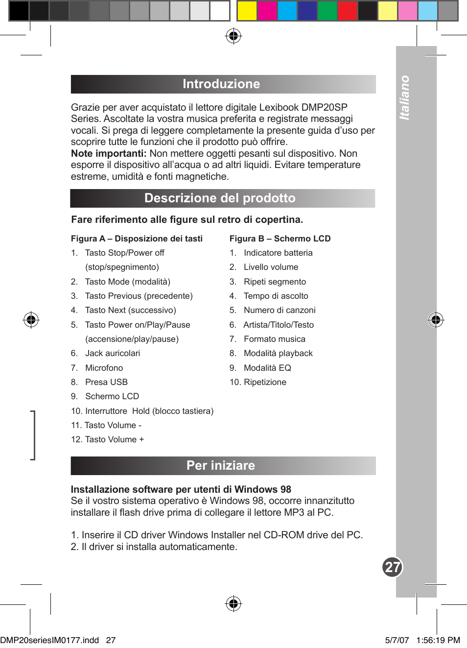 Italiano português, Introduzione, Descrizione del prodotto | Per iniziare | Lexibook DMP20SP/DMP23SP User Manual | Page 27 / 44