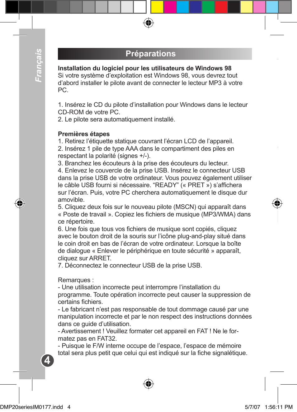 Préparations, Français | Lexibook DMP20SP/DMP23SP User Manual | Page 4 / 44