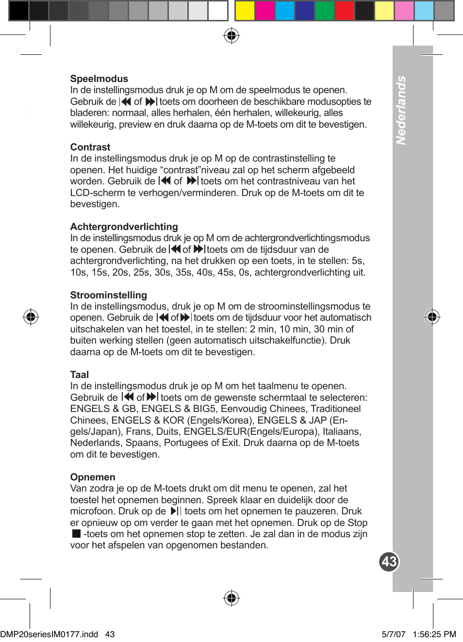 Nederlands, Functiemenu | Lexibook DMP20SP/DMP23SP User Manual | Page 43 / 44