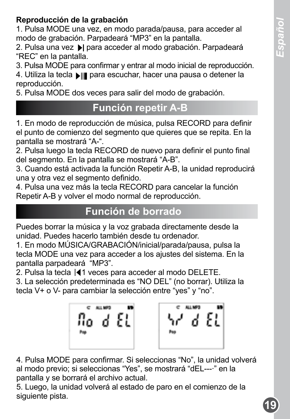 Función repetir a-b, Función de borrado, Español | Lexibook DMP61HSM User Manual | Page 19 / 44