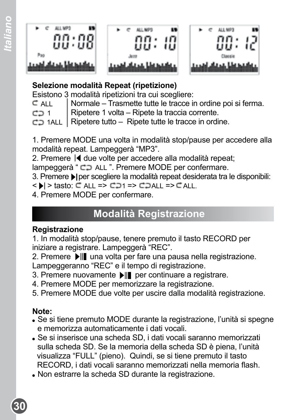 Modalità registrazione, Italiano | Lexibook DMP61HSM User Manual | Page 30 / 44