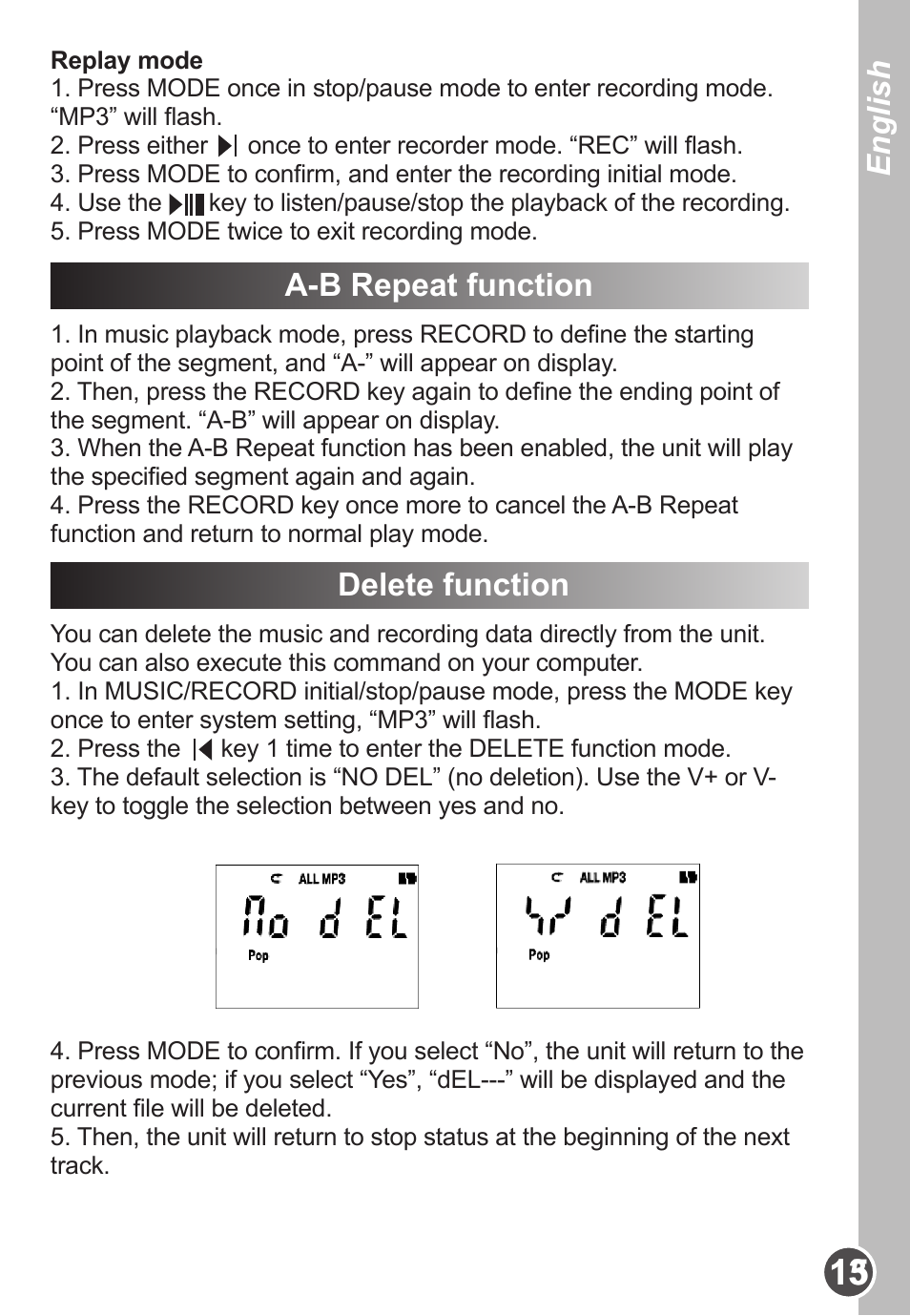 English, A-b repeat function, Delete function | Lexibook DMP63BB User Manual | Page 15 / 51