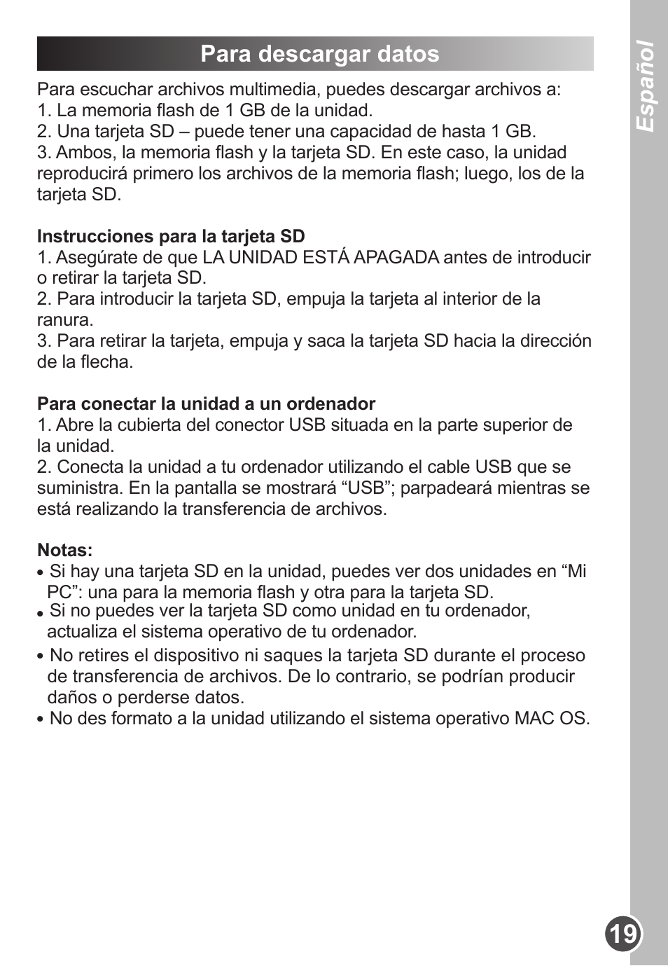 Español, Para descargar datos | Lexibook DMP63BB User Manual | Page 19 / 51