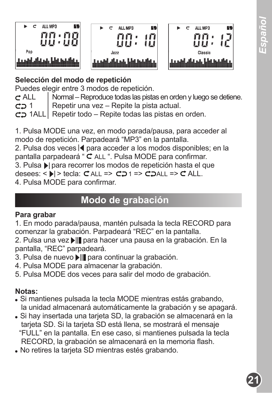 Español, Modo de grabación | Lexibook DMP63BB User Manual | Page 21 / 51