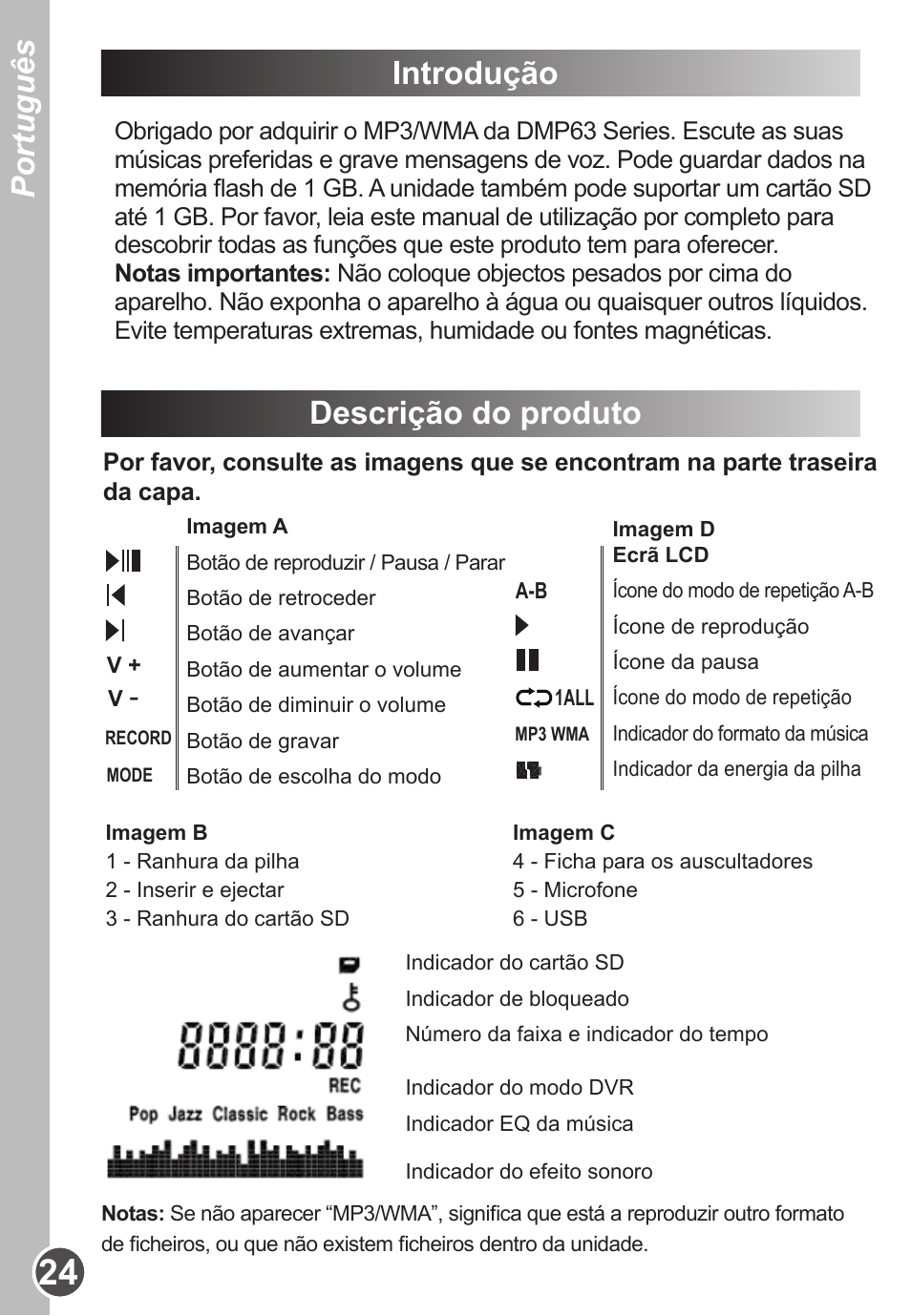 Português introdução, Descrição do produto | Lexibook DMP63BB User Manual | Page 24 / 51