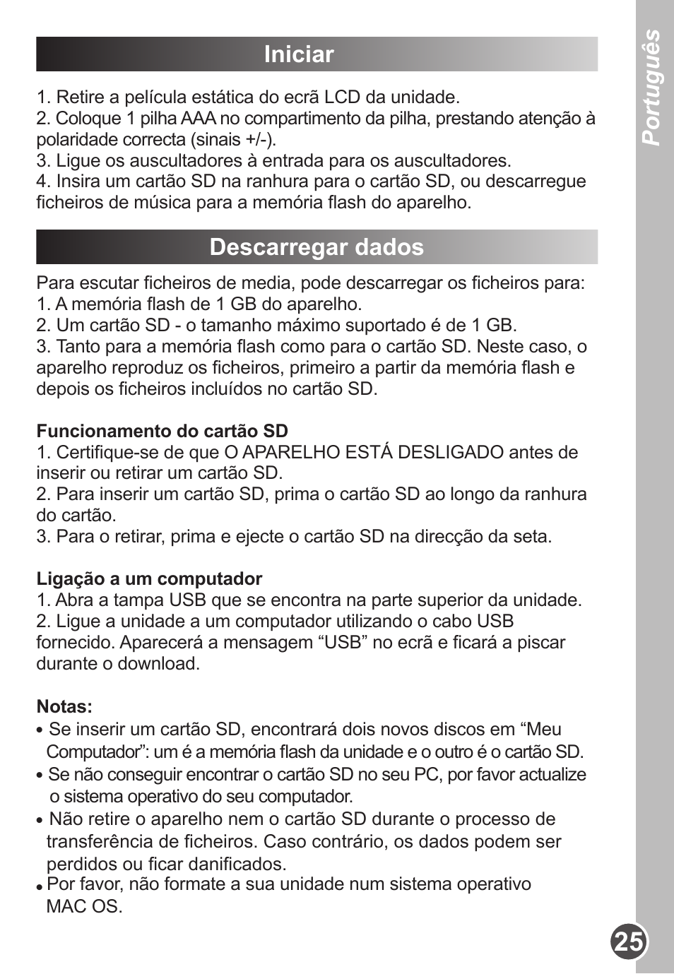 Português, Iniciar, Descarregar dados | Lexibook DMP63BB User Manual | Page 25 / 51