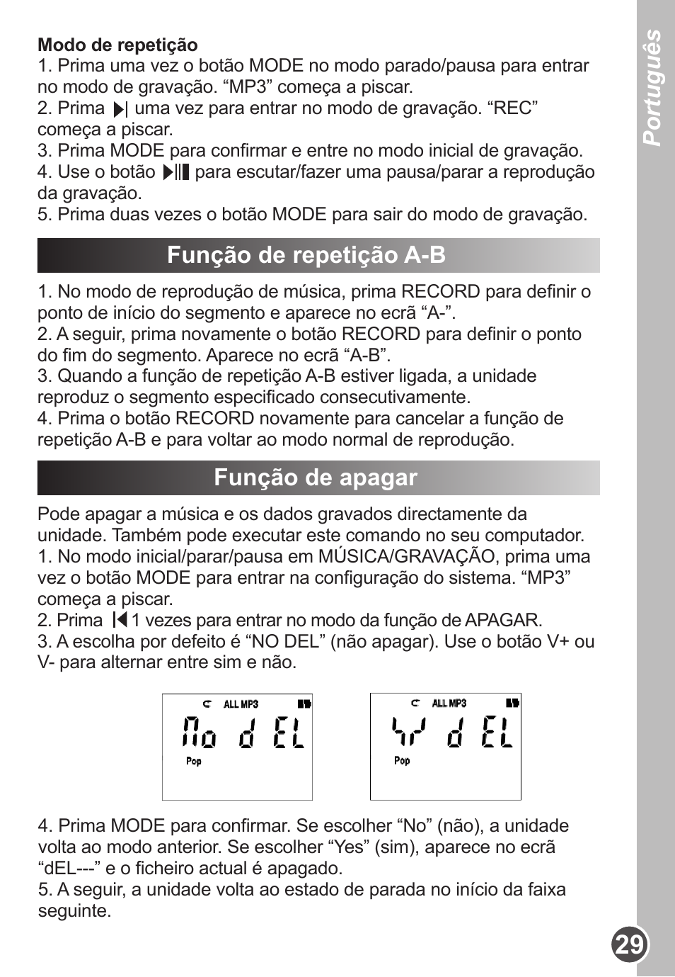Português, Função de repetição a-b, Função de apagar | Lexibook DMP63BB User Manual | Page 29 / 51
