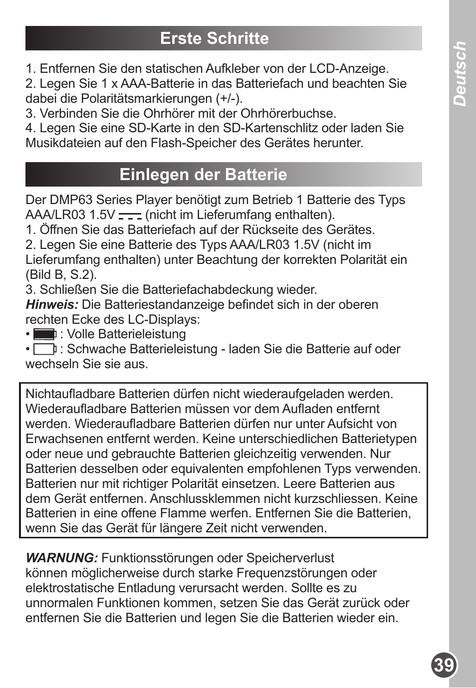 Deutsch, Erste schritte, Einlegen der batterie | Lexibook DMP63BB User Manual | Page 39 / 51