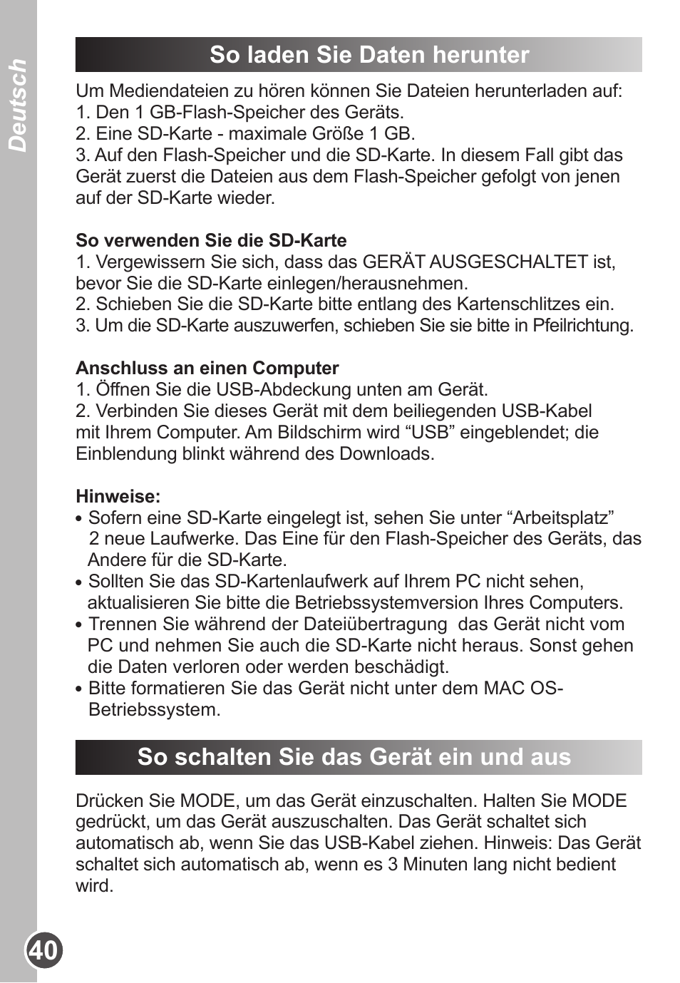 Deutsch so schalten sie das gerät ein und aus, So laden sie daten herunter | Lexibook DMP63BB User Manual | Page 40 / 51