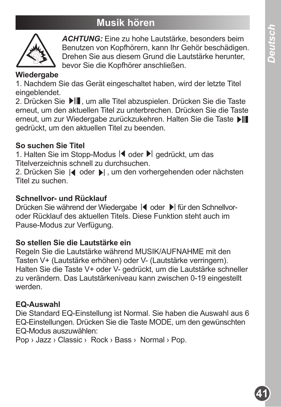Deutsch, Musik hören | Lexibook DMP63BB User Manual | Page 41 / 51