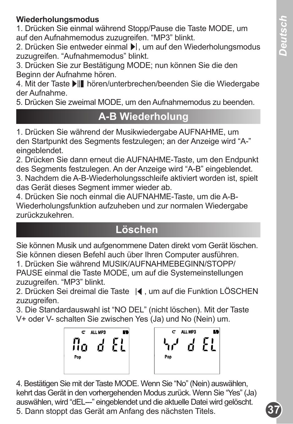Deutsch, A-b wiederholung, Löschen | Lexibook DMP63BB User Manual | Page 43 / 51