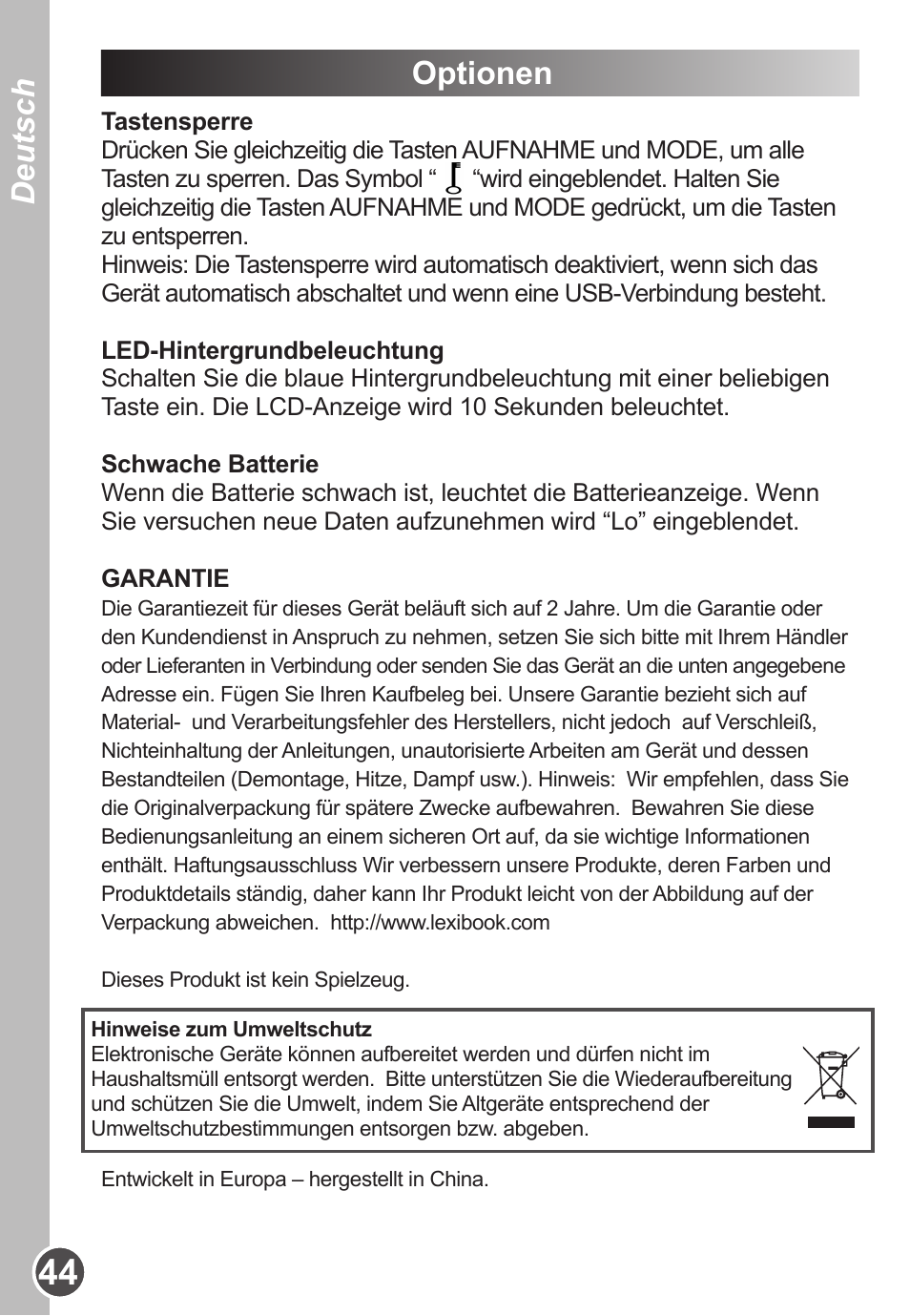 Deutsch, Optionen | Lexibook DMP63BB User Manual | Page 44 / 51