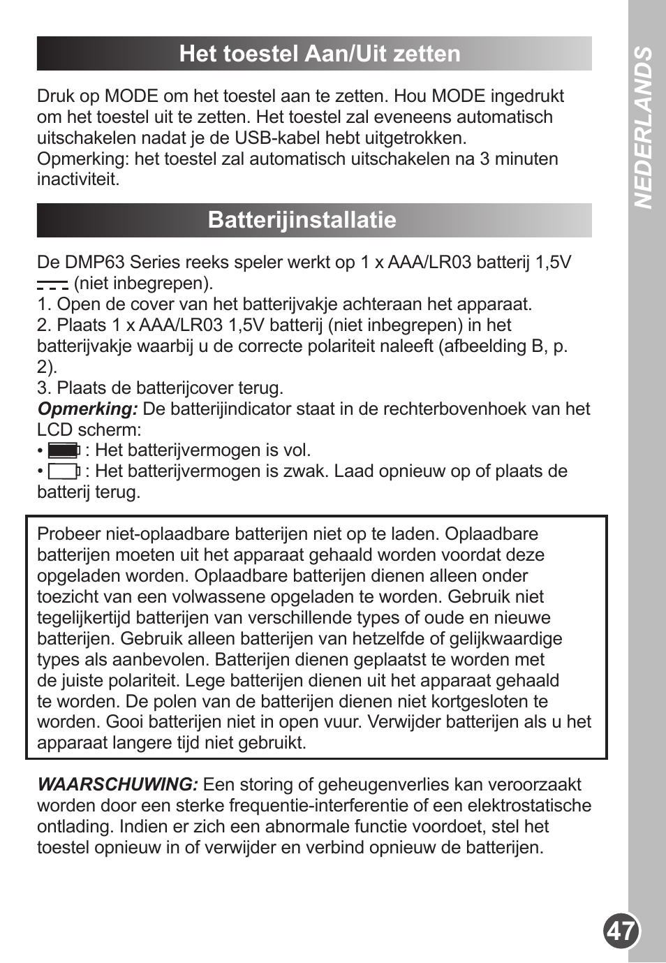 Nederlands, Het toestel aan/uit zetten, Batterijinstallatie | Lexibook DMP63BB User Manual | Page 47 / 51