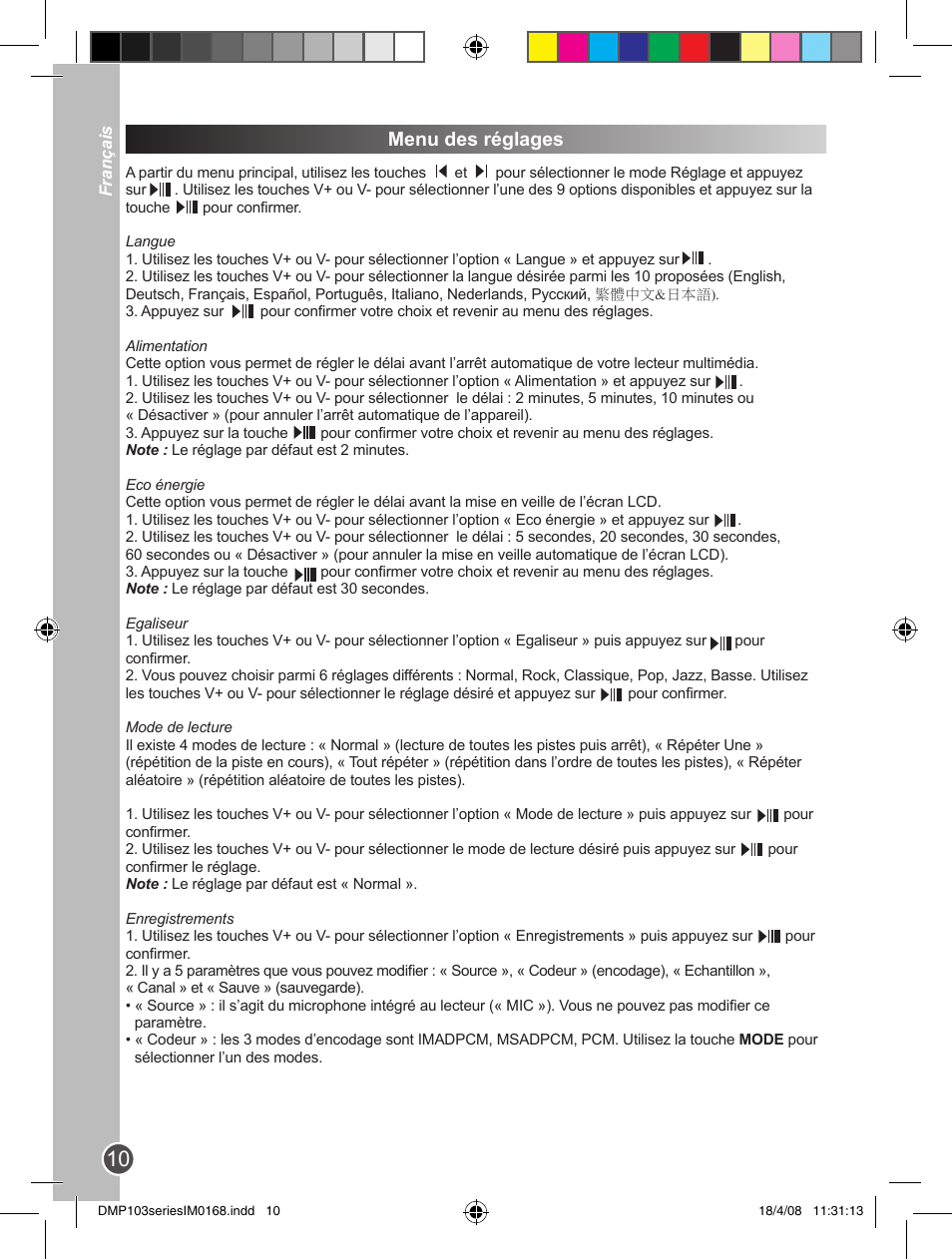 Menu des réglages | Lexibook DMP103SP User Manual | Page 10 / 66