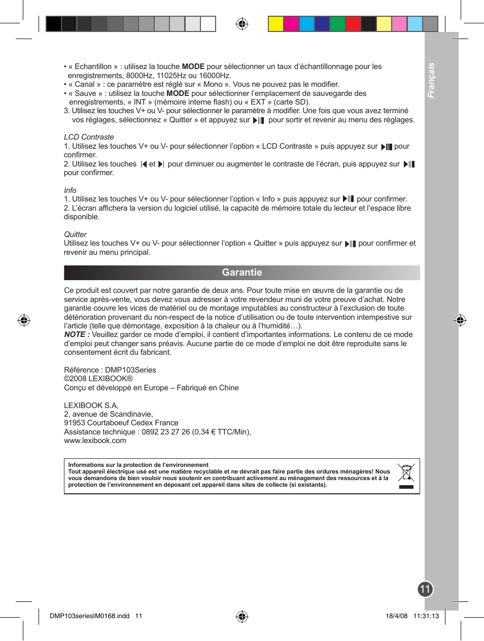 Garantie | Lexibook DMP103SP User Manual | Page 11 / 66
