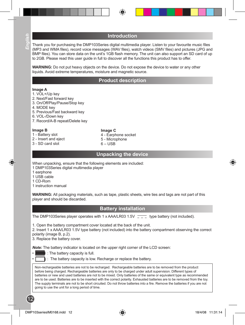 Introduction, Product description, Unpacking the device | Battery installation | Lexibook DMP103SP User Manual | Page 12 / 66