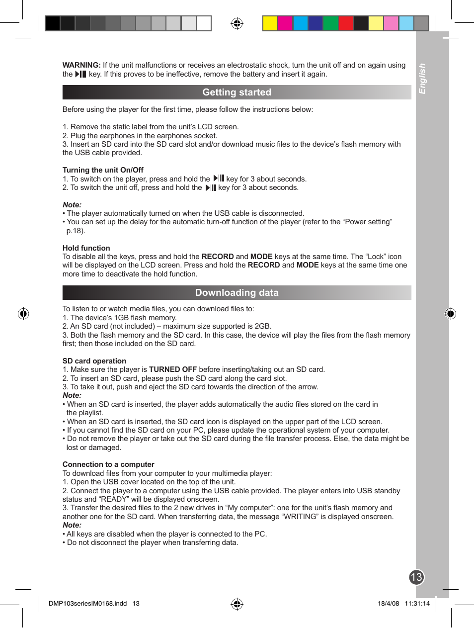 Getting started, Downloading data | Lexibook DMP103SP User Manual | Page 13 / 66