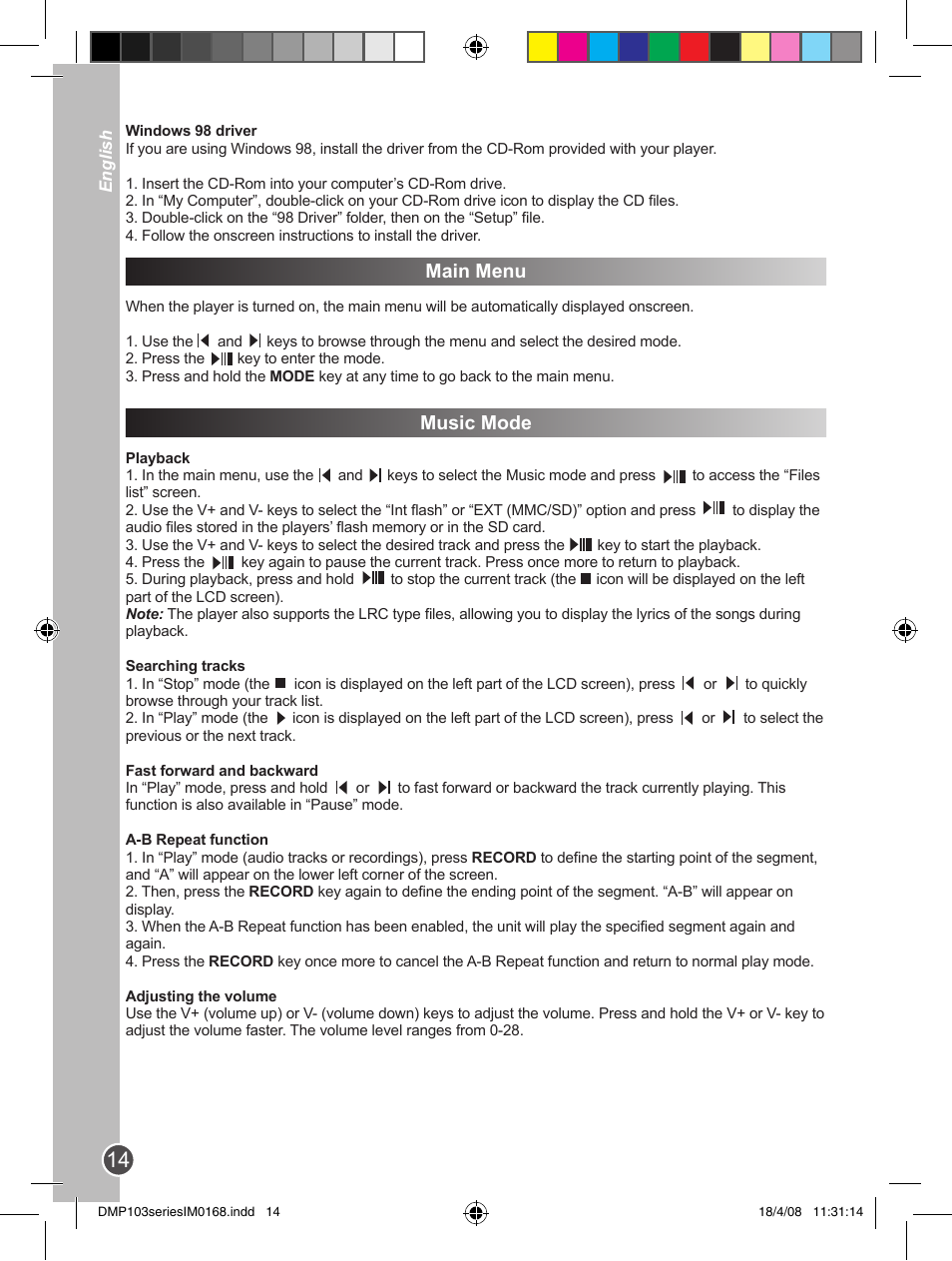 Main menu, Music mode | Lexibook DMP103SP User Manual | Page 14 / 66