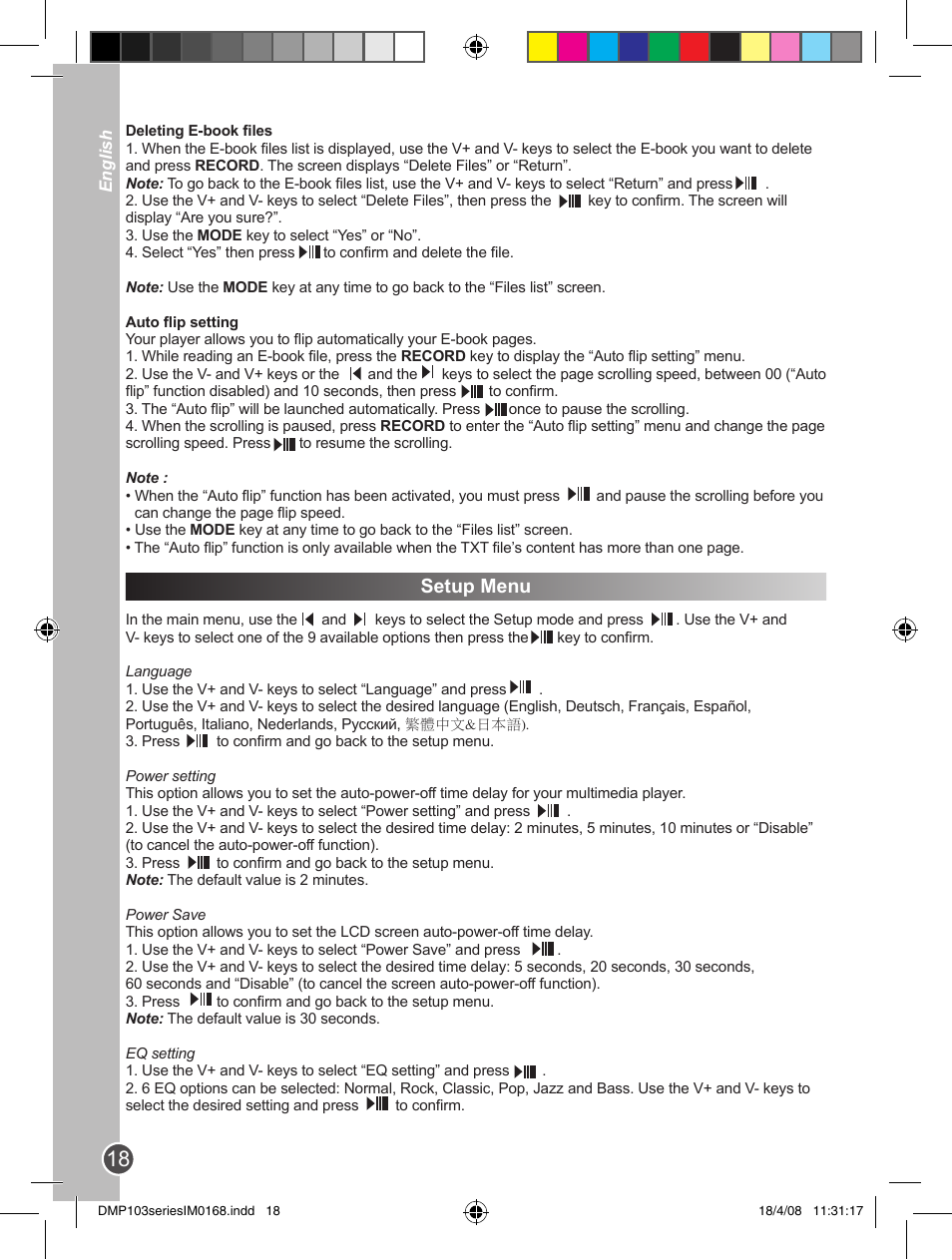 Setup menu | Lexibook DMP103SP User Manual | Page 18 / 66
