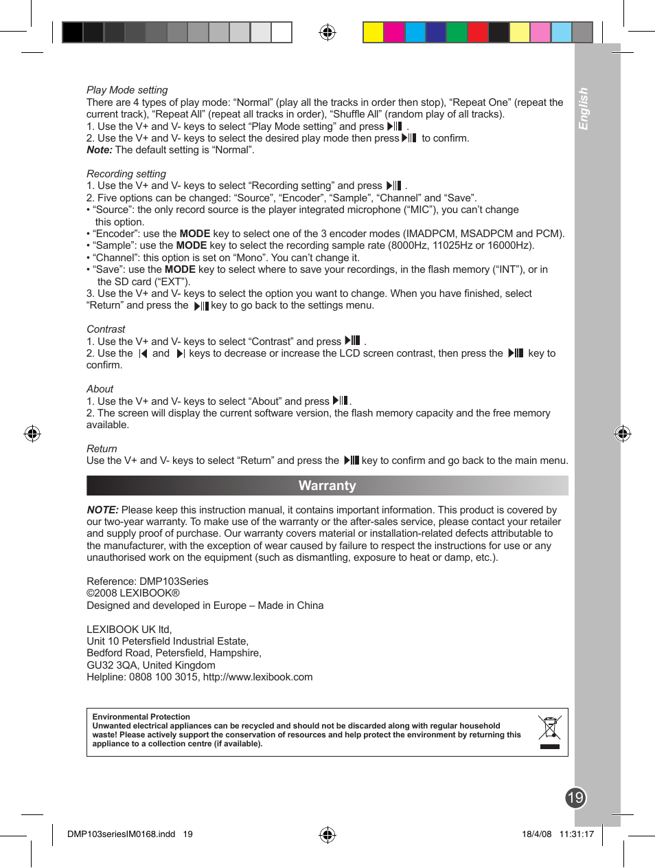 Warranty | Lexibook DMP103SP User Manual | Page 19 / 66