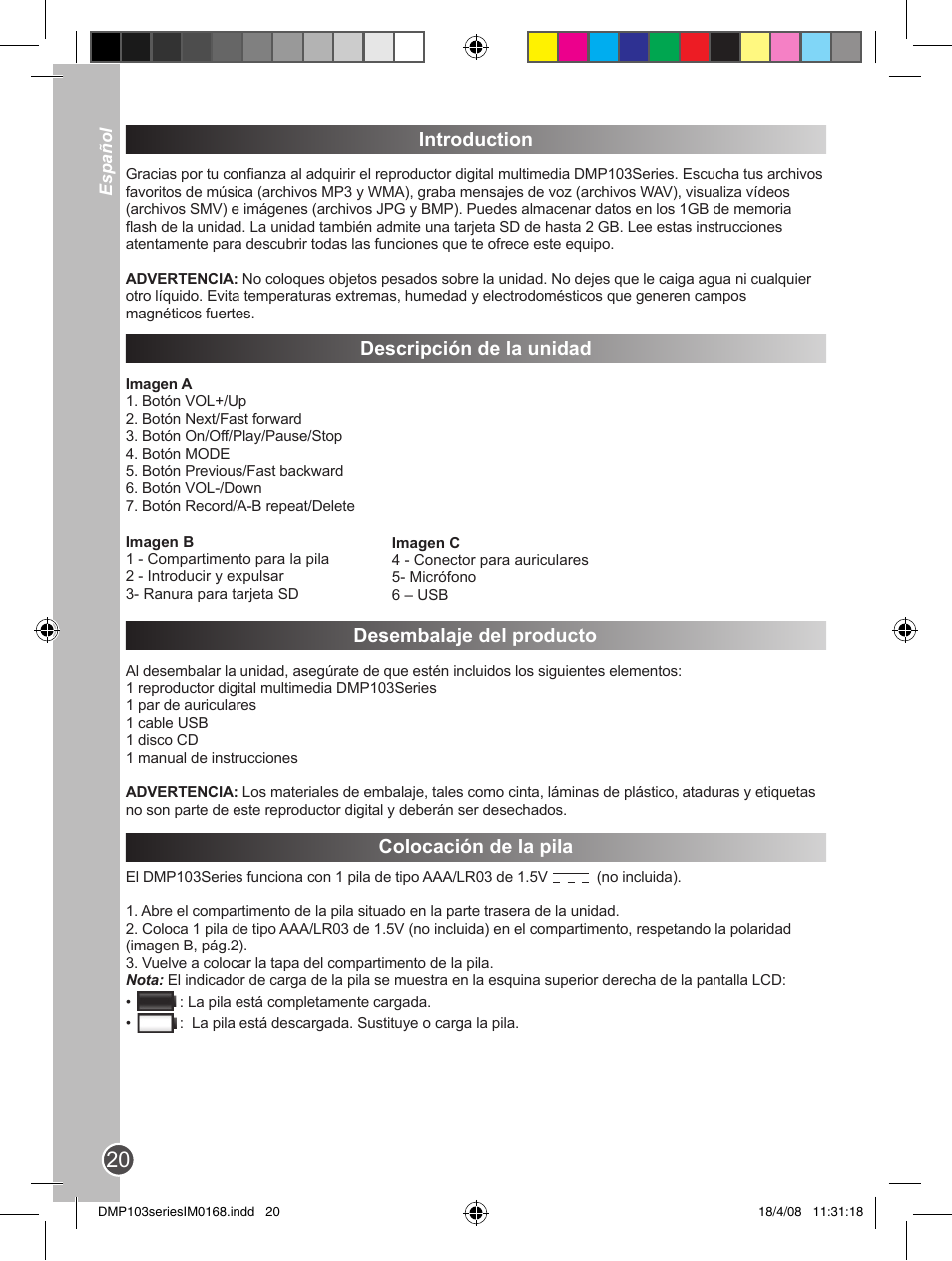 Introduction, Descripción de la unidad, Desembalaje del producto | Colocación de la pila | Lexibook DMP103SP User Manual | Page 20 / 66