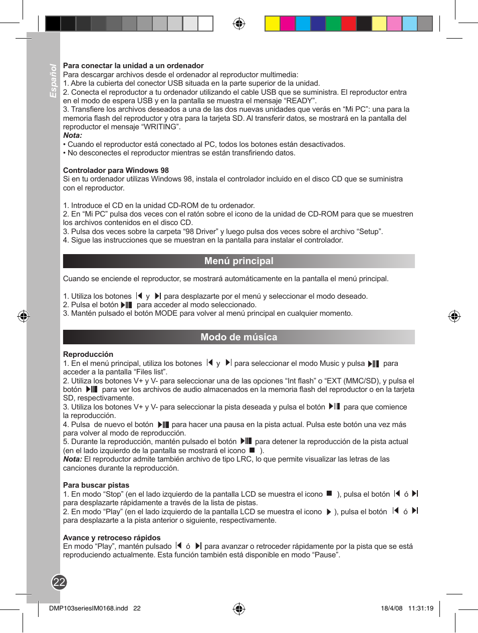 Menú principal, Modo de música | Lexibook DMP103SP User Manual | Page 22 / 66